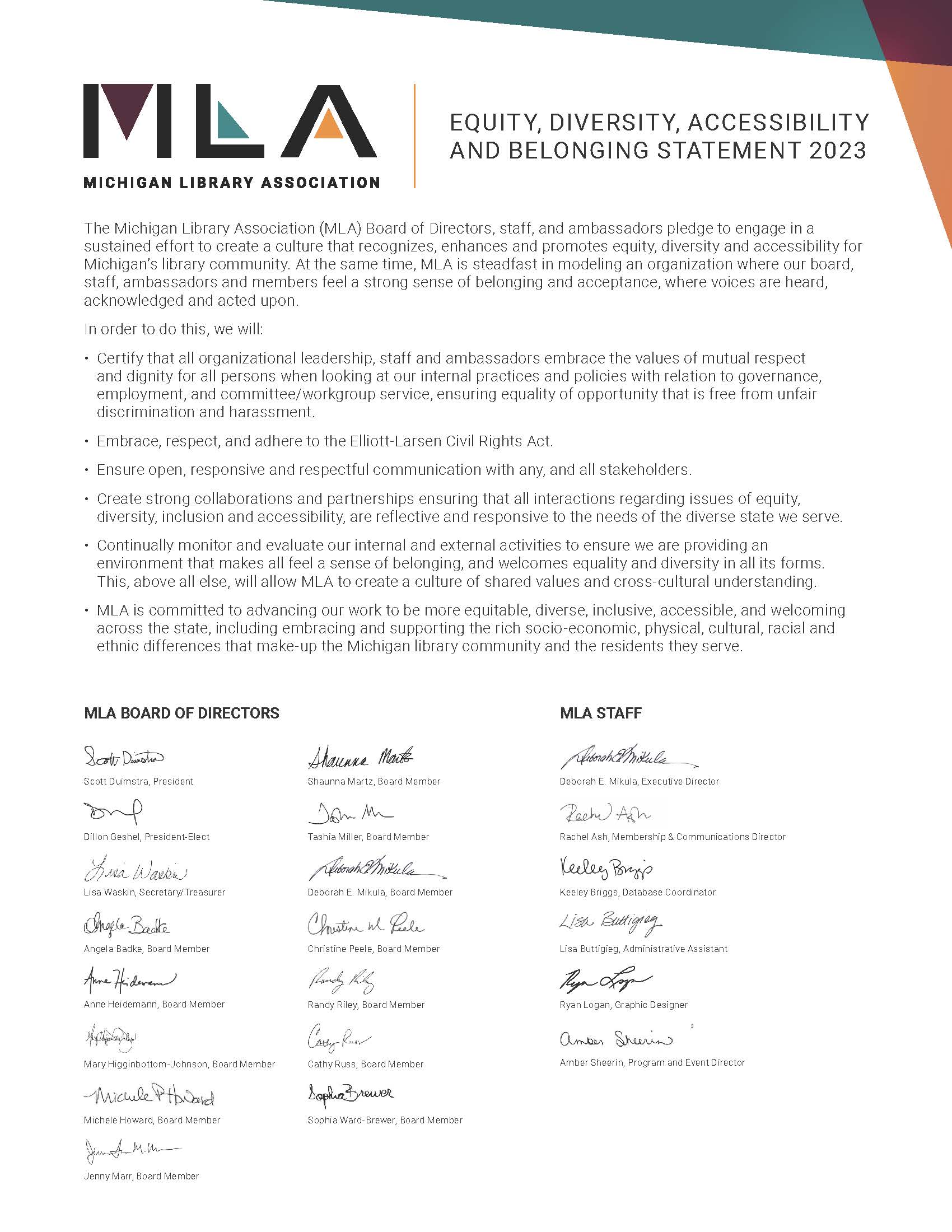 Image of equity, diversity, inclusion and belonging statement signed by MLA 2023 Board and staff