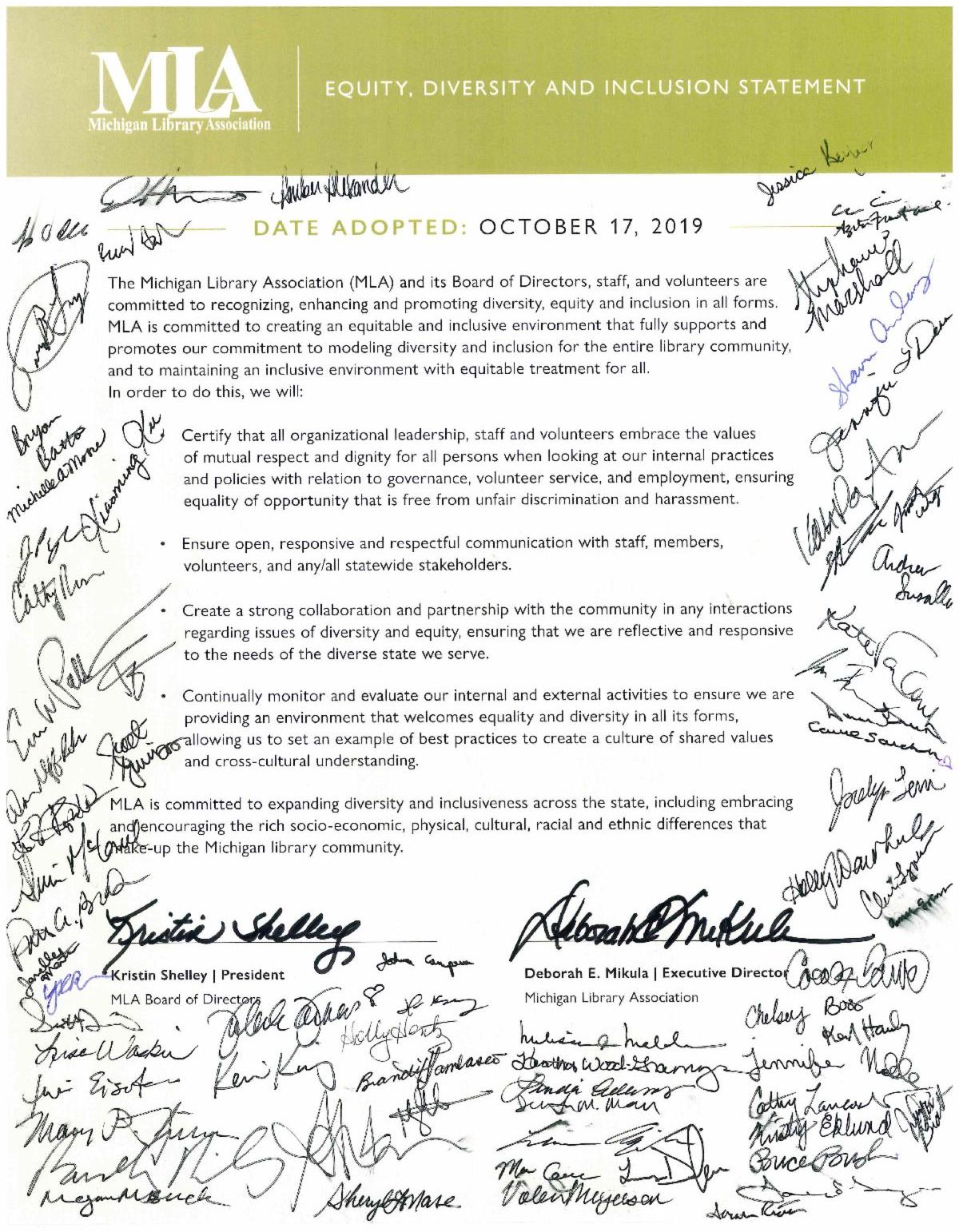 Image of a poster of the MLA equity, diversity and inclusion statement signed by MLA members