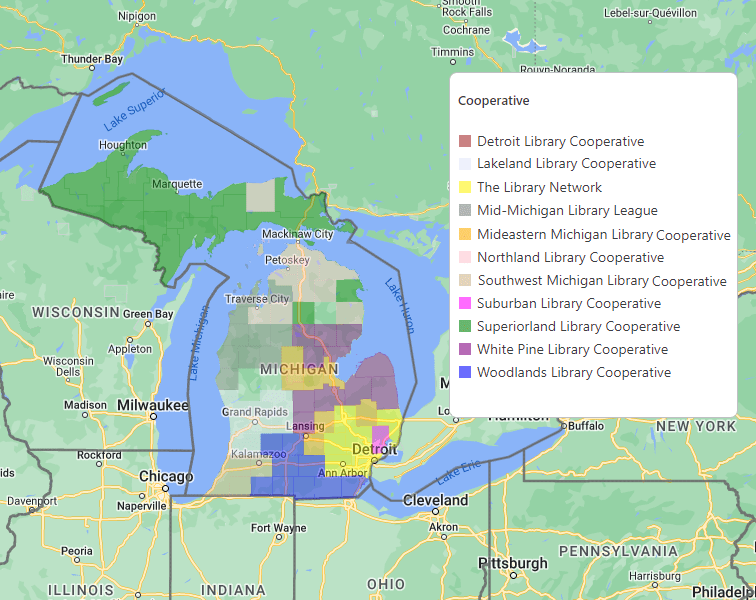 Map of Michigan library cooperative regions