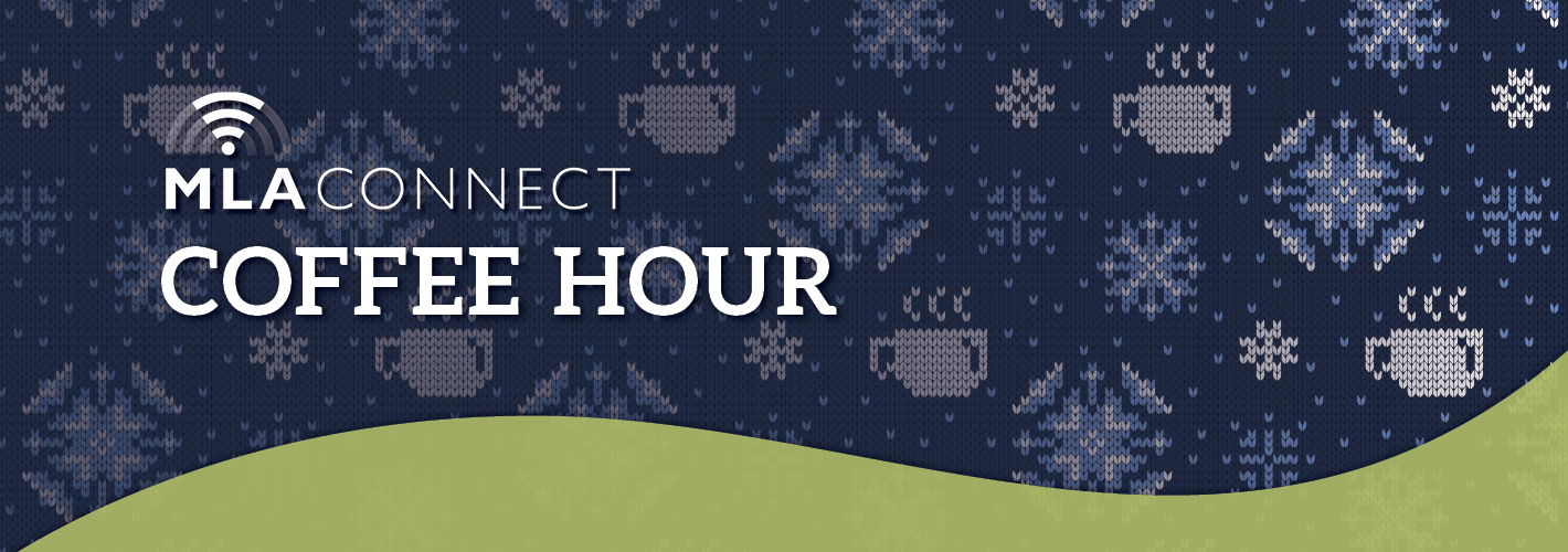 Ugly sweater background with MLA Connect logo and text that says "Coffee Hour"