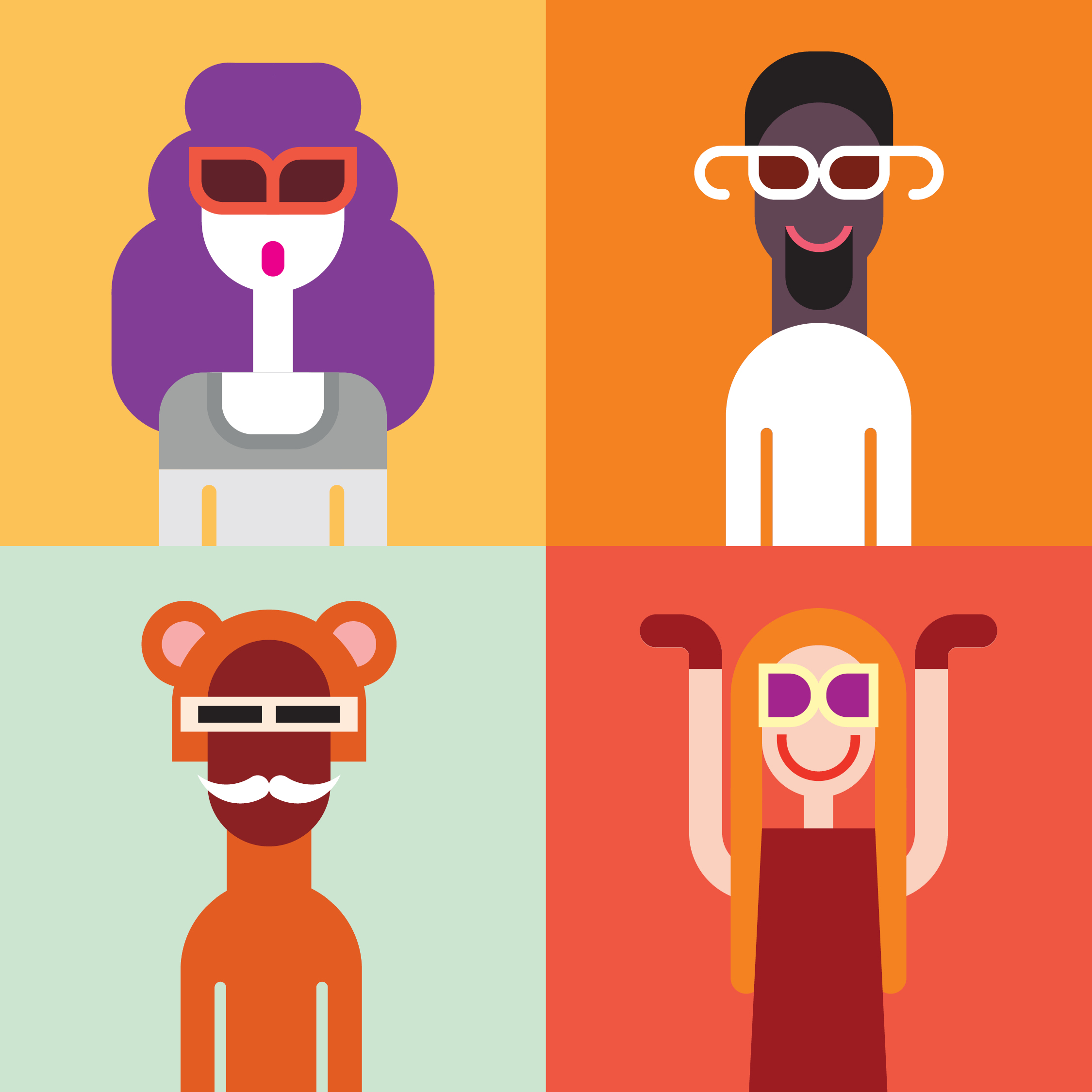 Fall Institute branding image with 4 cartoon people with colorful backgrounds