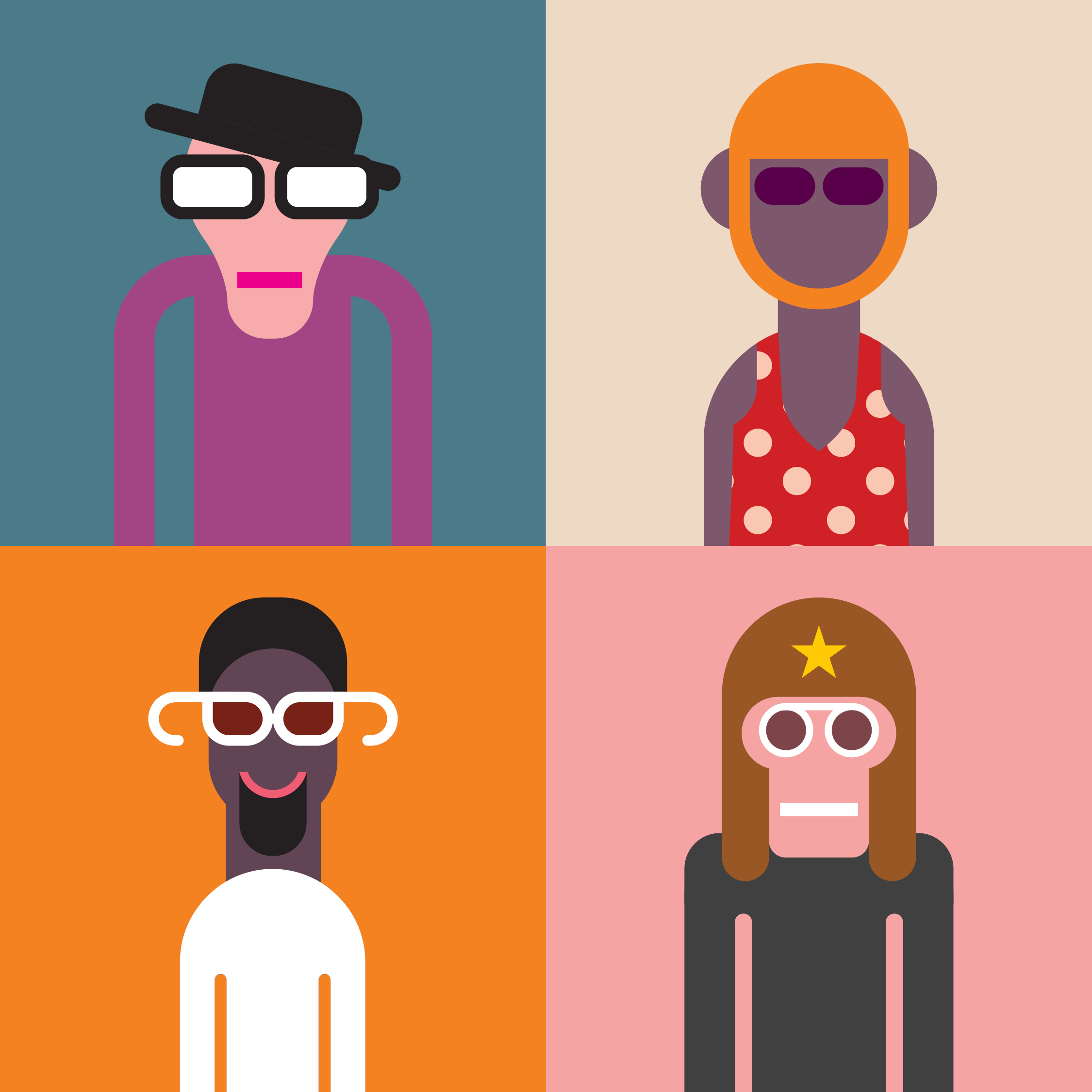 Fall Institute branding image with 4 cartoon people with colorful backgrounds