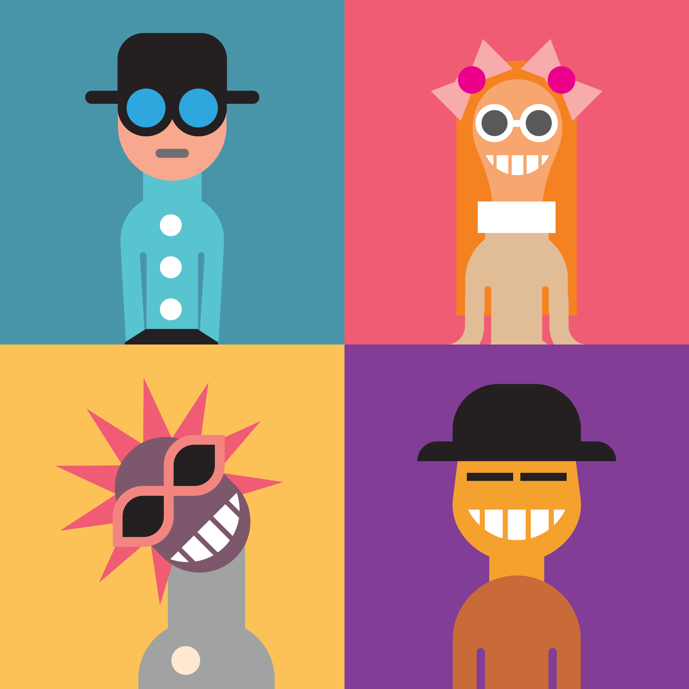 Fall Institute branding image with 4 cartoon people with colorful backgrounds